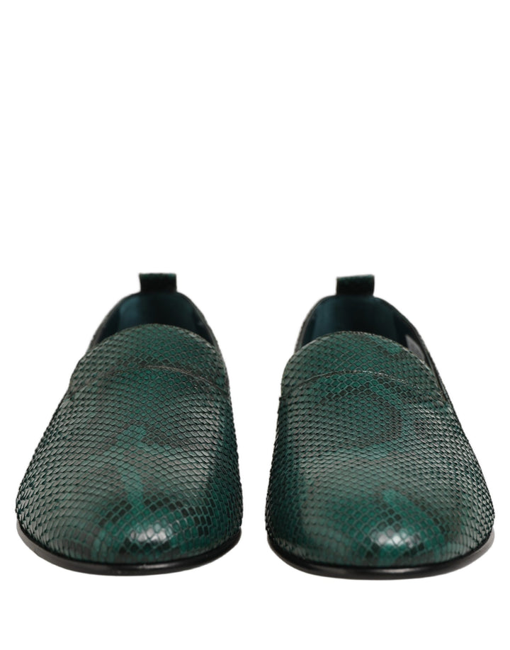 Dolce &amp; Gabbana Dark Green Embossed Leather Loafers Shoes