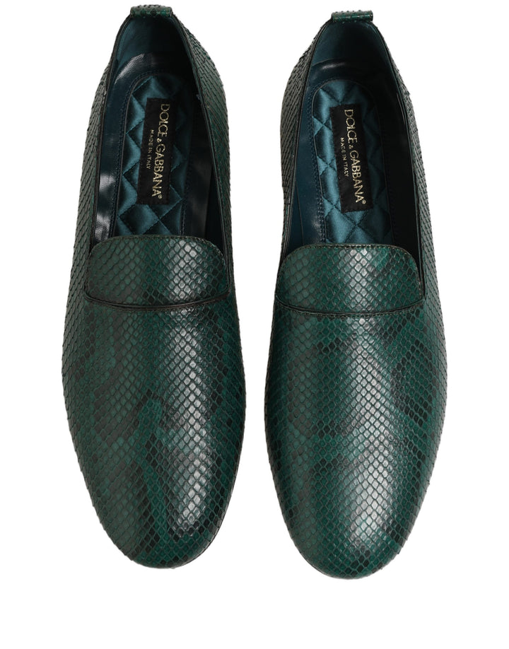 Dolce &amp; Gabbana Dark Green Embossed Leather Loafers Shoes