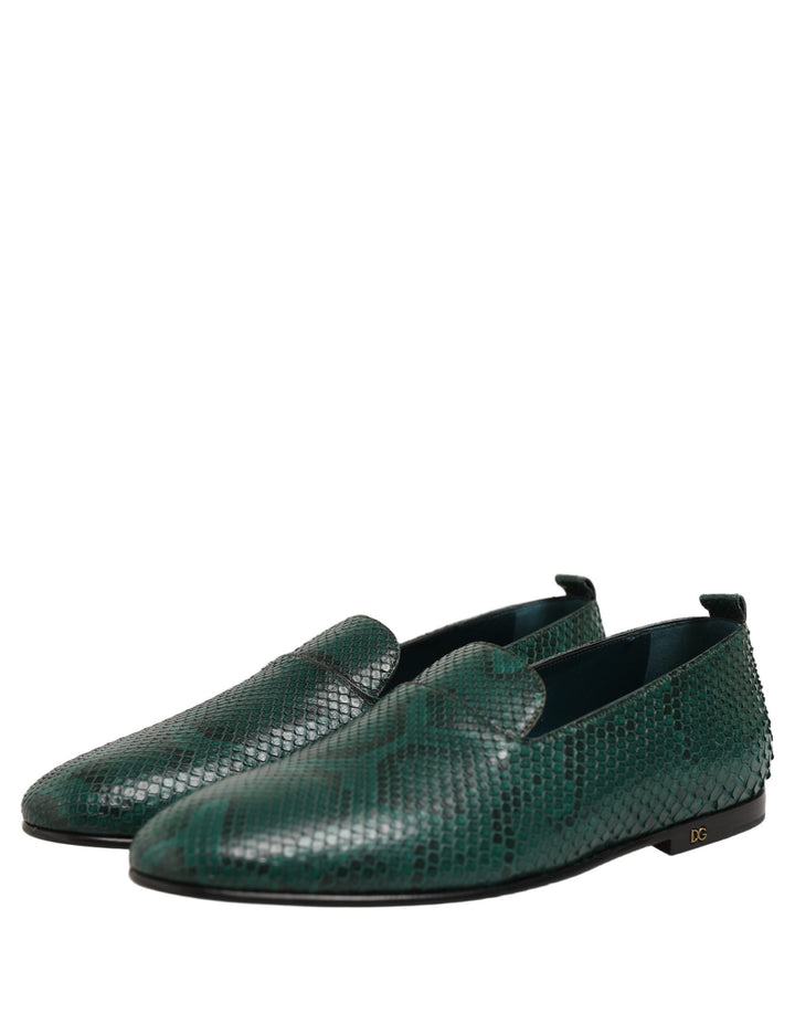 Dolce &amp; Gabbana Dark Green Embossed Leather Loafers Shoes
