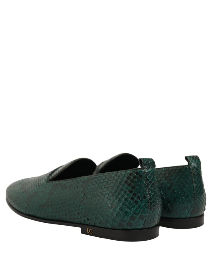 Dolce &amp; Gabbana Dark Green Embossed Leather Loafers Shoes