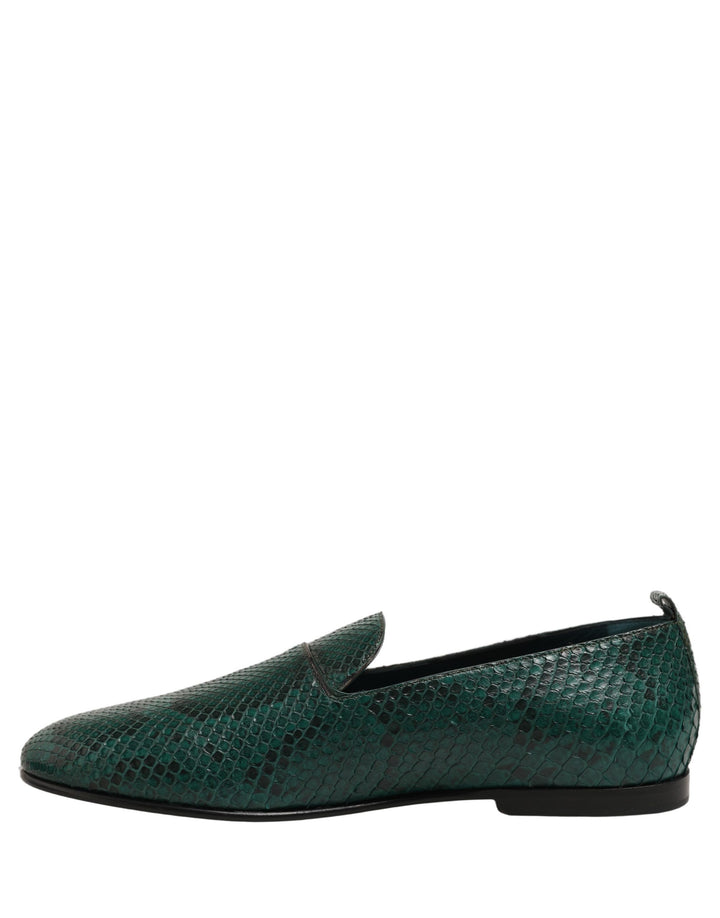 Dolce &amp; Gabbana Dark Green Embossed Leather Loafers Shoes