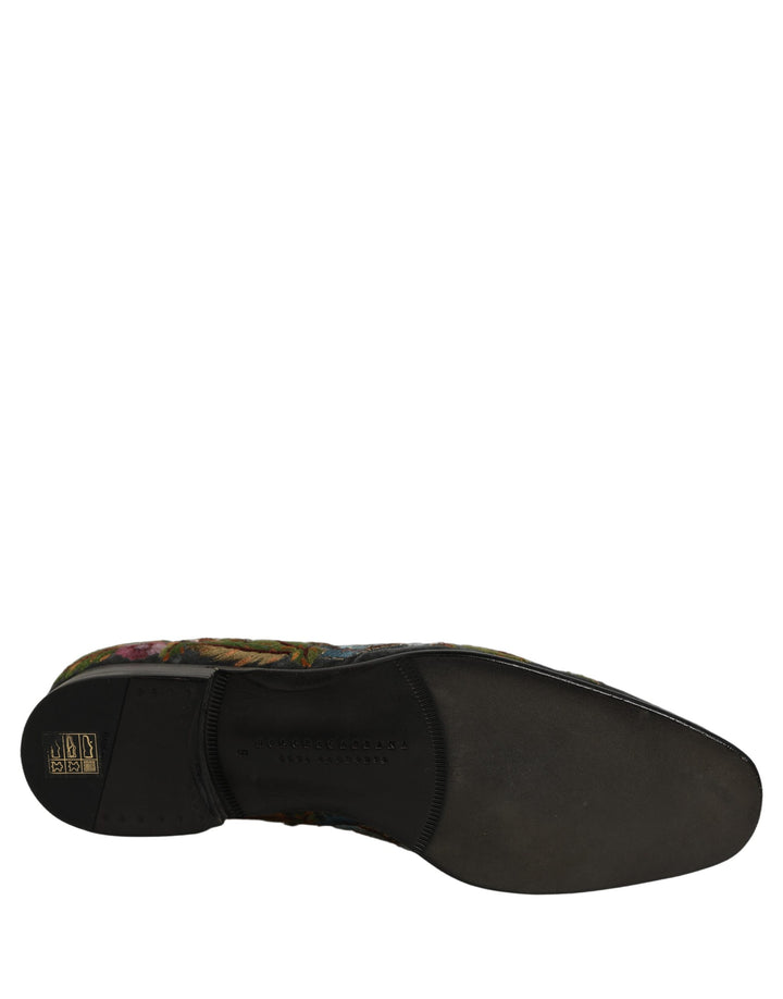 Dolce &amp; Gabbana Black Velvet Floral Embroidery Loafers Shoes