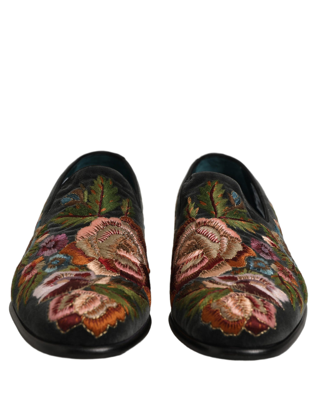 Dolce &amp; Gabbana Black Velvet Floral Embroidery Loafers Shoes