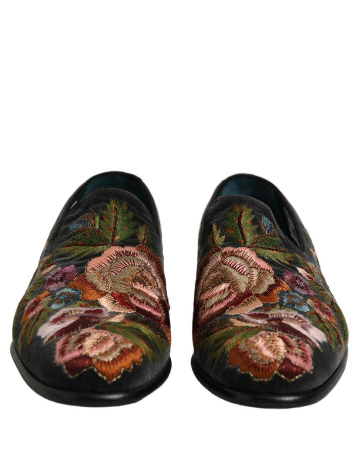 Dolce &amp; Gabbana Black Velvet Floral Embroidery Loafers Shoes