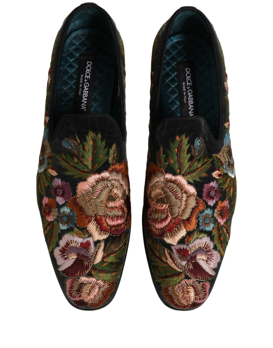 Dolce &amp; Gabbana Black Velvet Floral Embroidery Loafers Shoes