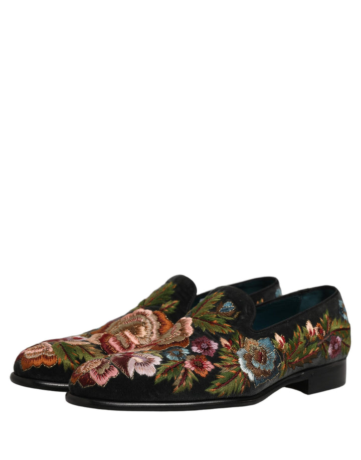 Dolce &amp; Gabbana Black Velvet Floral Embroidery Loafers Shoes