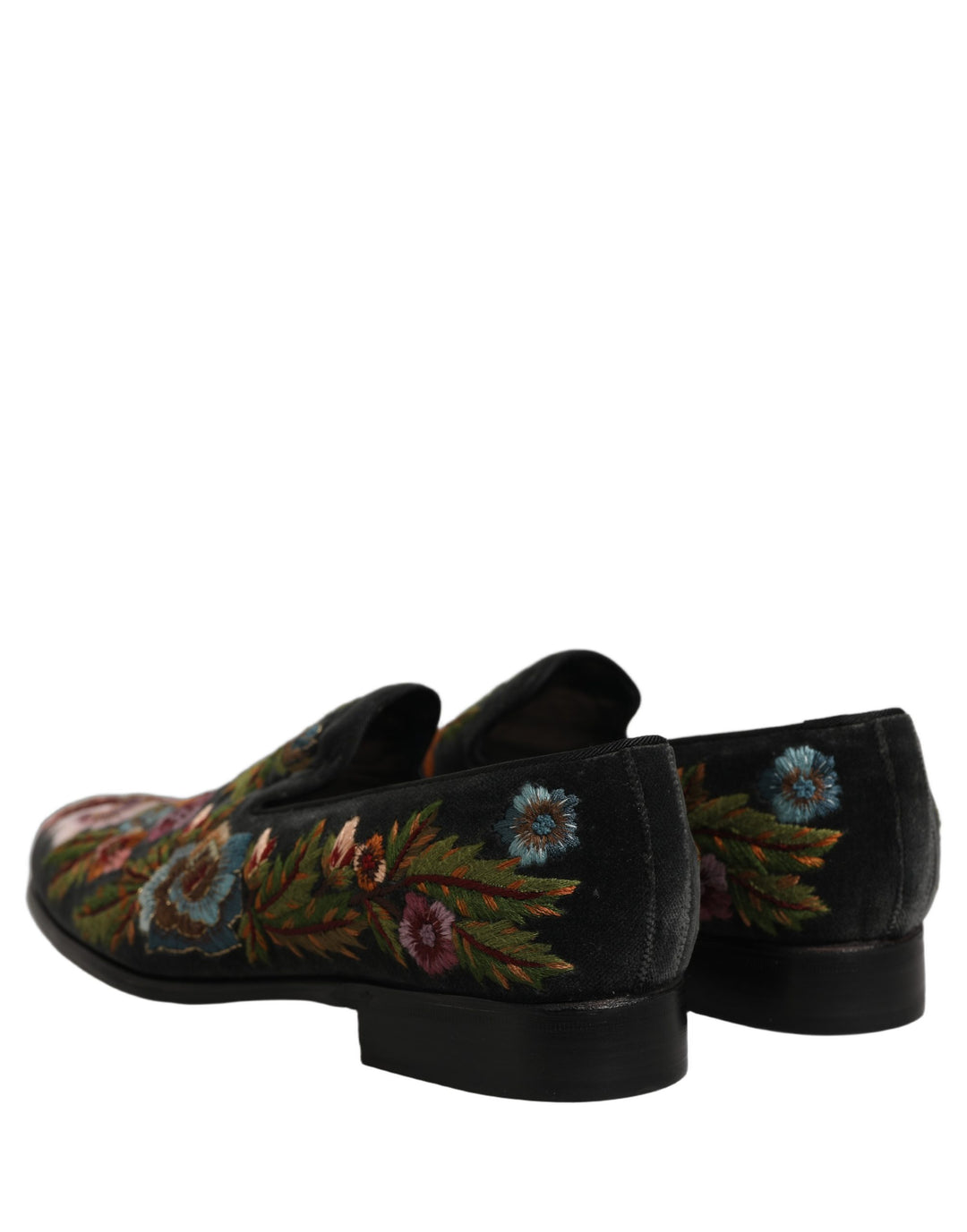 Dolce &amp; Gabbana Black Velvet Floral Embroidery Loafers Shoes