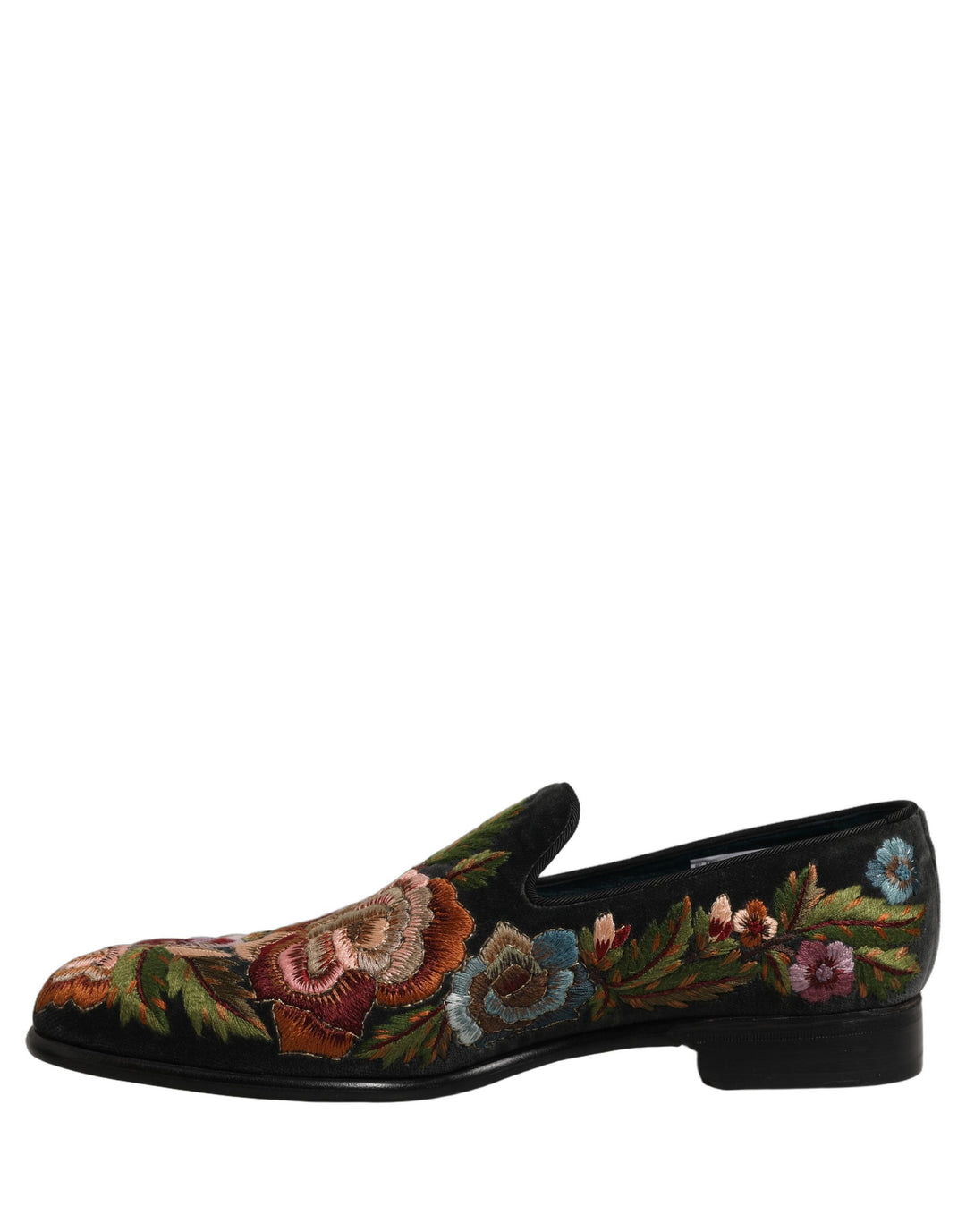 Dolce &amp; Gabbana Black Velvet Floral Embroidery Loafers Shoes