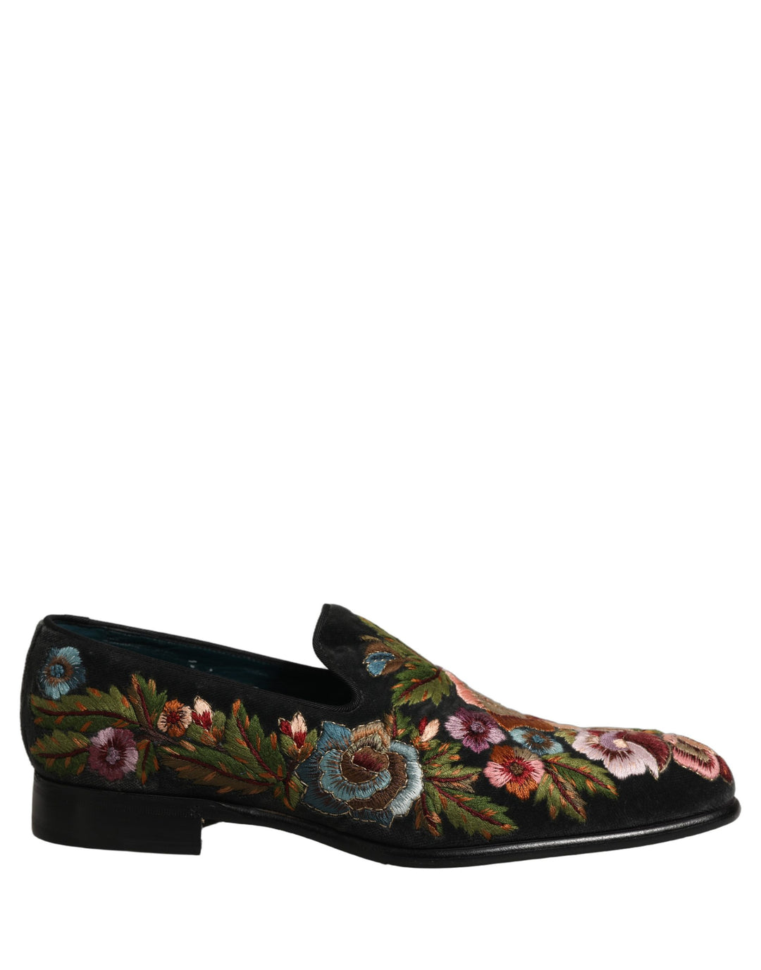 Dolce &amp; Gabbana Black Velvet Floral Embroidery Loafers Shoes