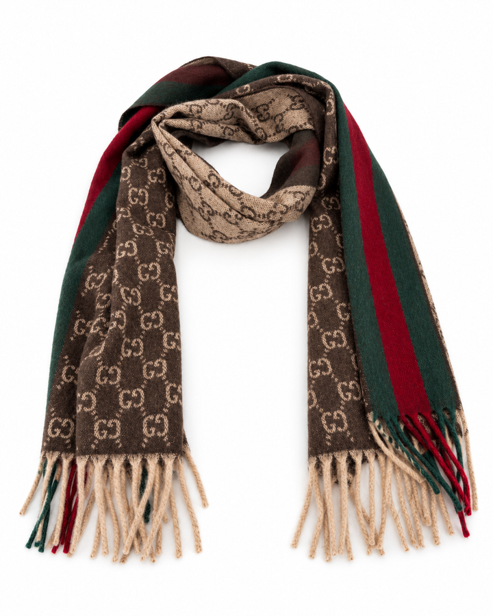 Gucci Monogram Brown Cashmere &amp; Wool Scarf with Green &amp; Red Web Stripe