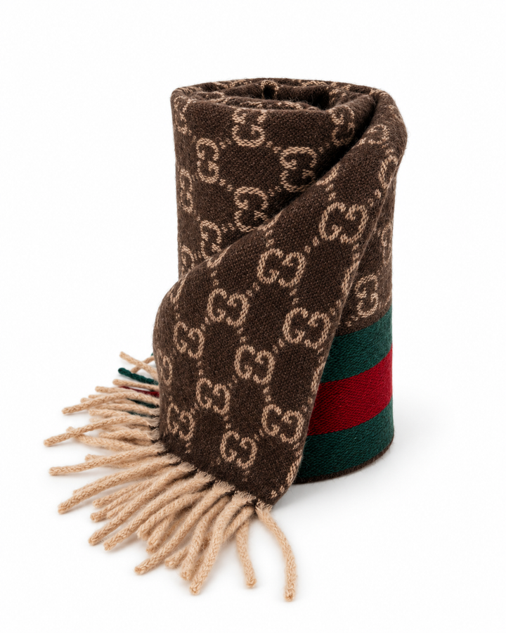 Gucci Monogram Brown Cashmere &amp; Wool Scarf with Green &amp; Red Web Stripe