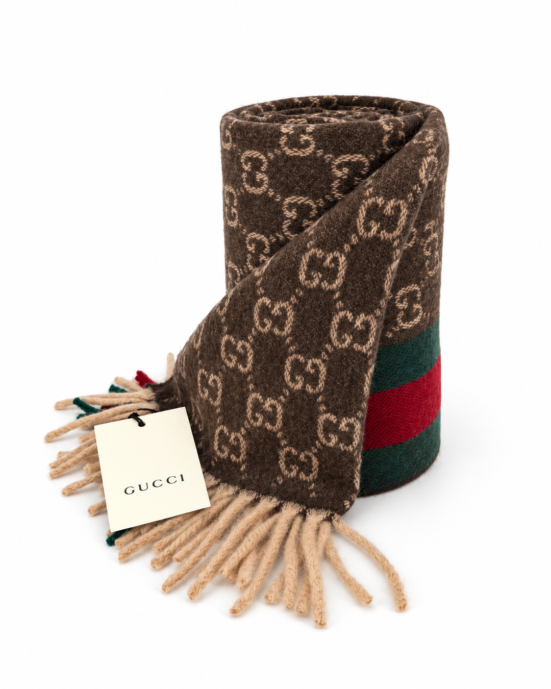 Gucci Monogram Brown Cashmere &amp; Wool Scarf with Green &amp; Red Web Stripe