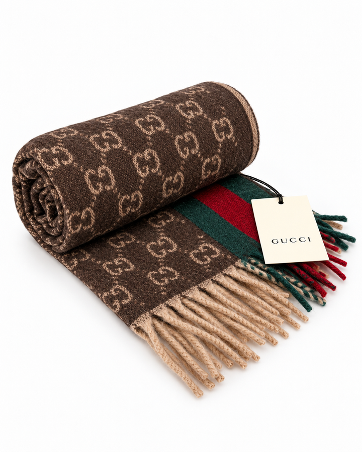 Gucci Monogram Brown Cashmere &amp; Wool Scarf with Green &amp; Red Web Stripe