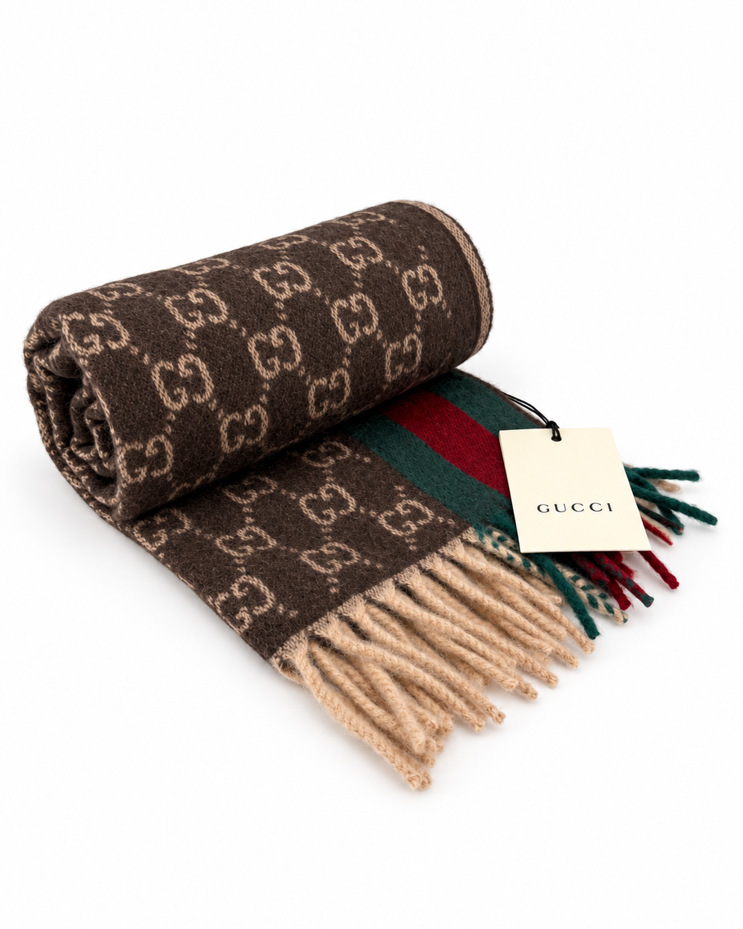Gucci Monogram Brown Cashmere &amp; Wool Scarf with Green &amp; Red Web Stripe
