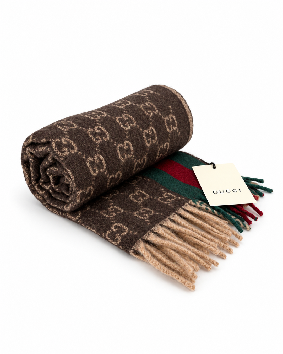 Gucci Monogram Brown Cashmere &amp; Wool Scarf with Green &amp; Red Web Stripe