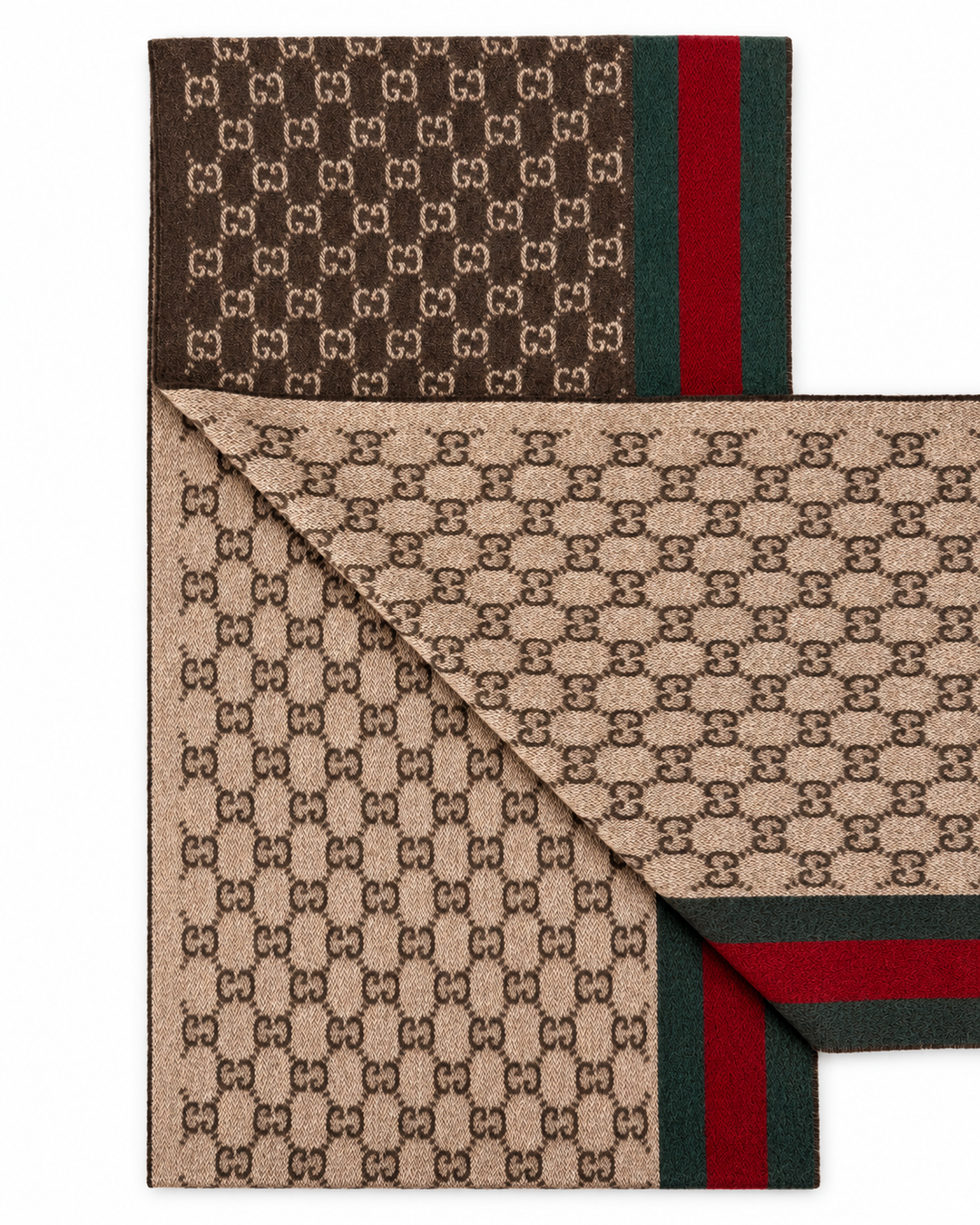 Gucci Monogram Brown Cashmere &amp; Wool Scarf with Green &amp; Red Web Stripe