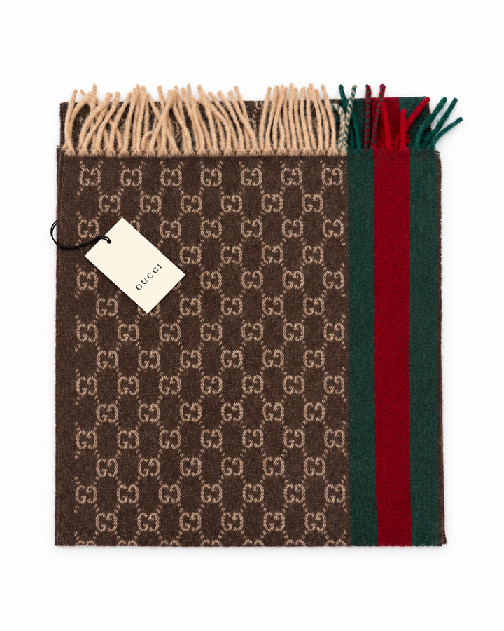 Gucci Monogram Brown Cashmere &amp; Wool Scarf with Green &amp; Red Web Stripe