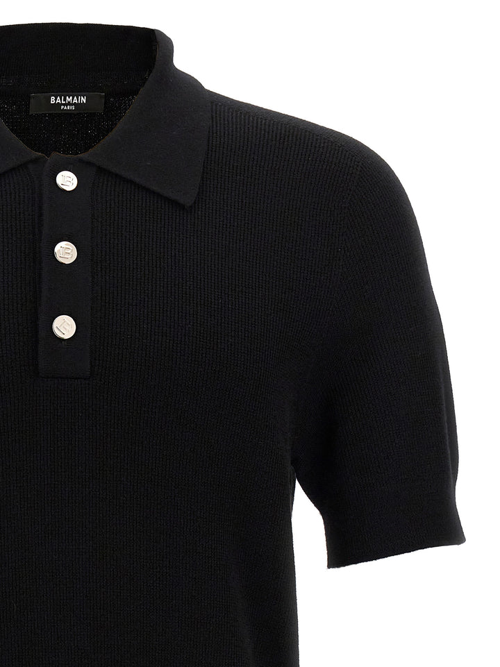 Balmain Black Merino Wool Polo Shirt