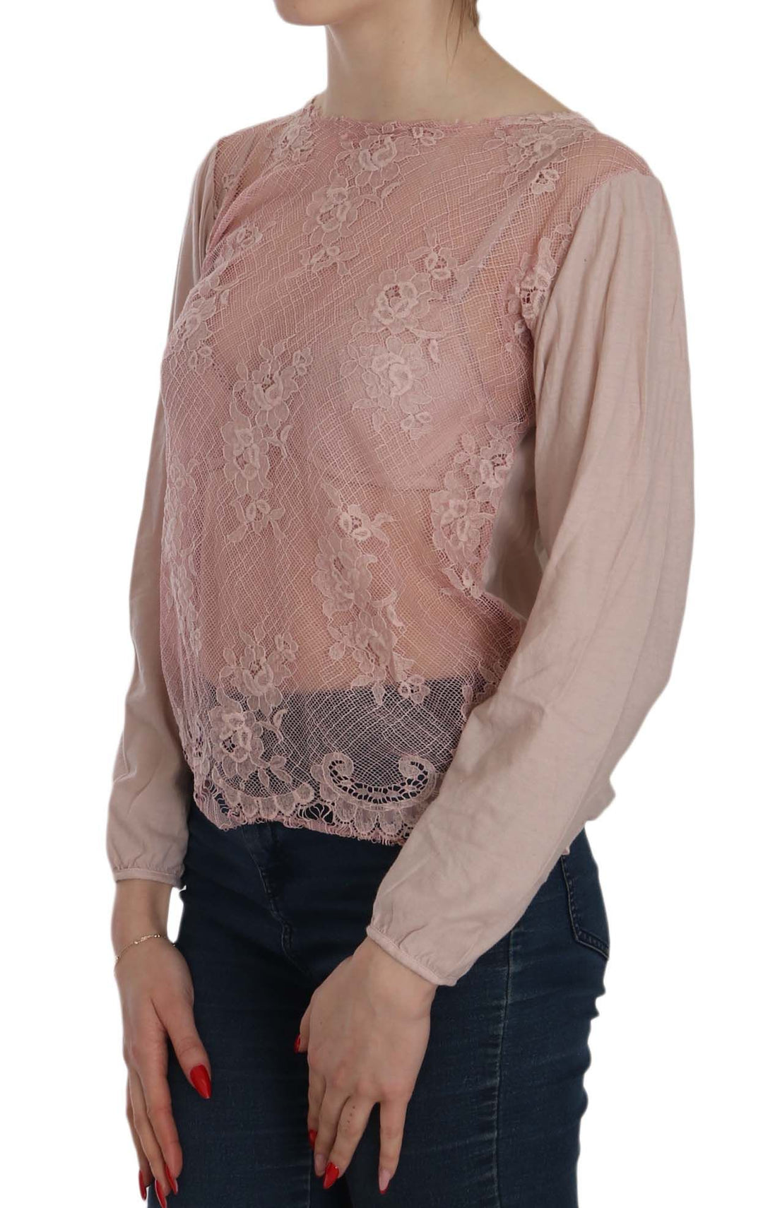 PINK MEMORIES Pink Lace See Through Long Sleeve Blouse