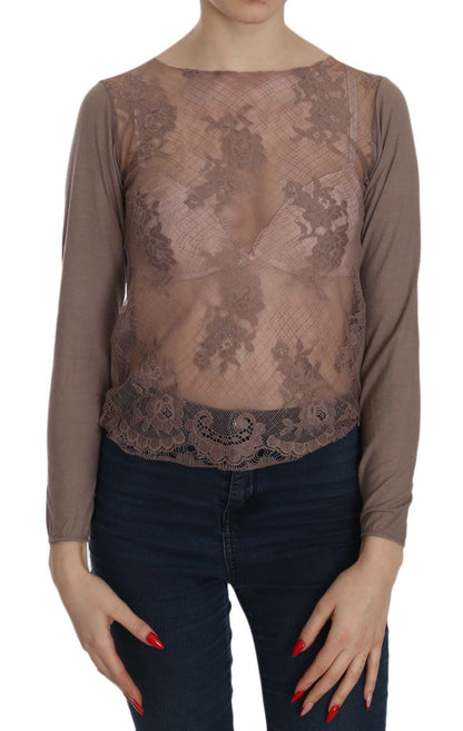 PINK MEMORIES Brown Lace See Through Long Sleeve Top