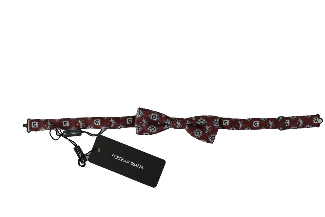 Dolce &amp; Gabbana Men Bordeaux Maroon Lion Silk Adjustable Neck Bow Tie