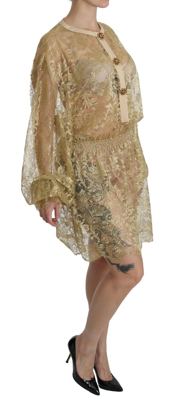 Dolce & Gabbana Gold Lace See Through A-Line Knee Length Dress women’s dress