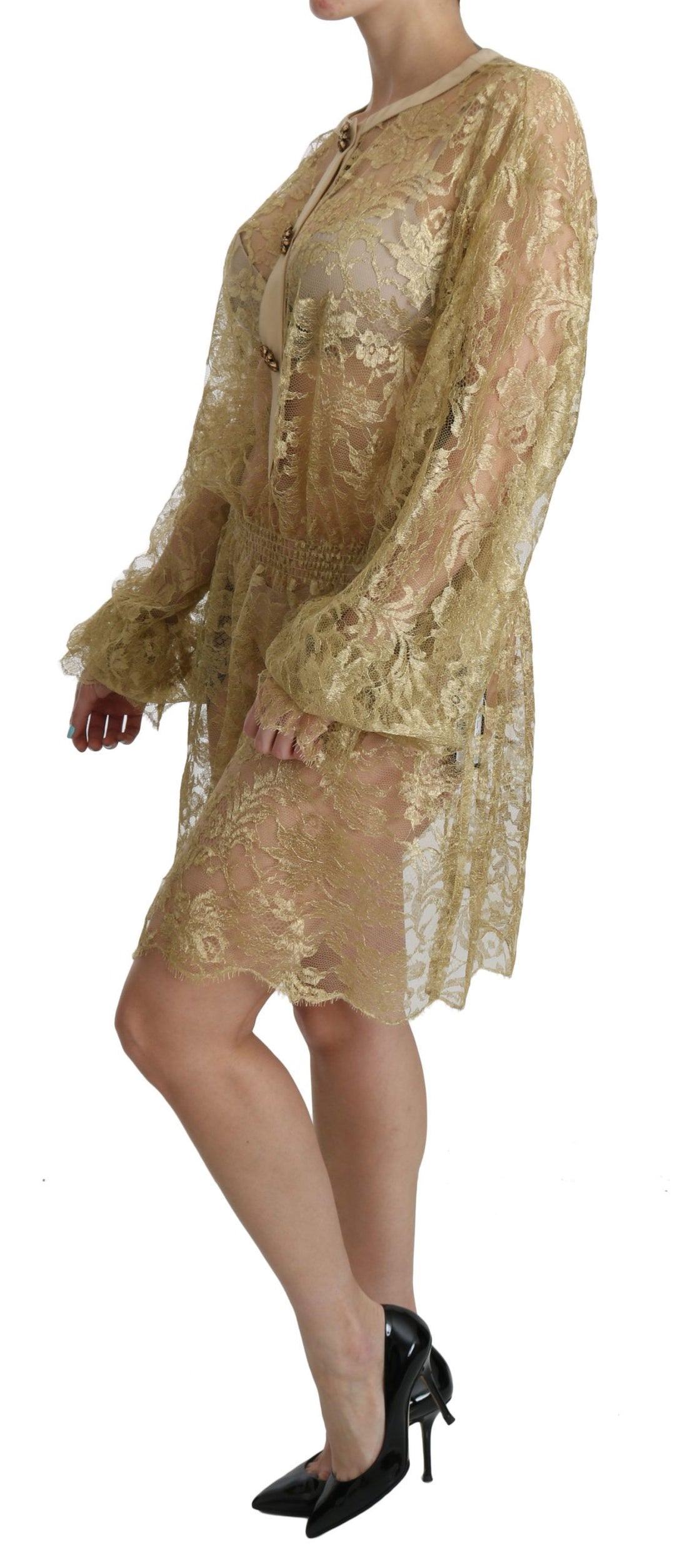 Dolce &amp; Gabbana Gold Lace See Through A-Line Knee Length Dress women’s dress