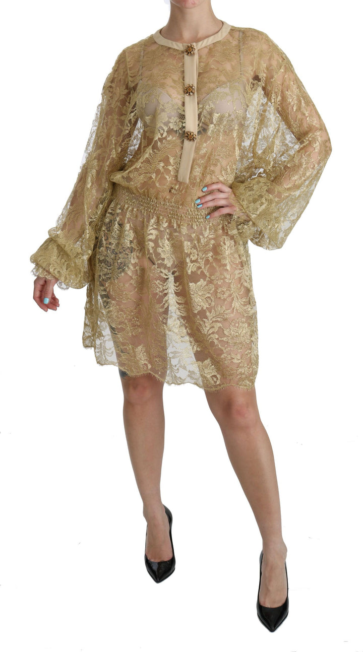 Dolce &amp; Gabbana Gold Lace See Through A-Line Knee Length Dress women’s dress