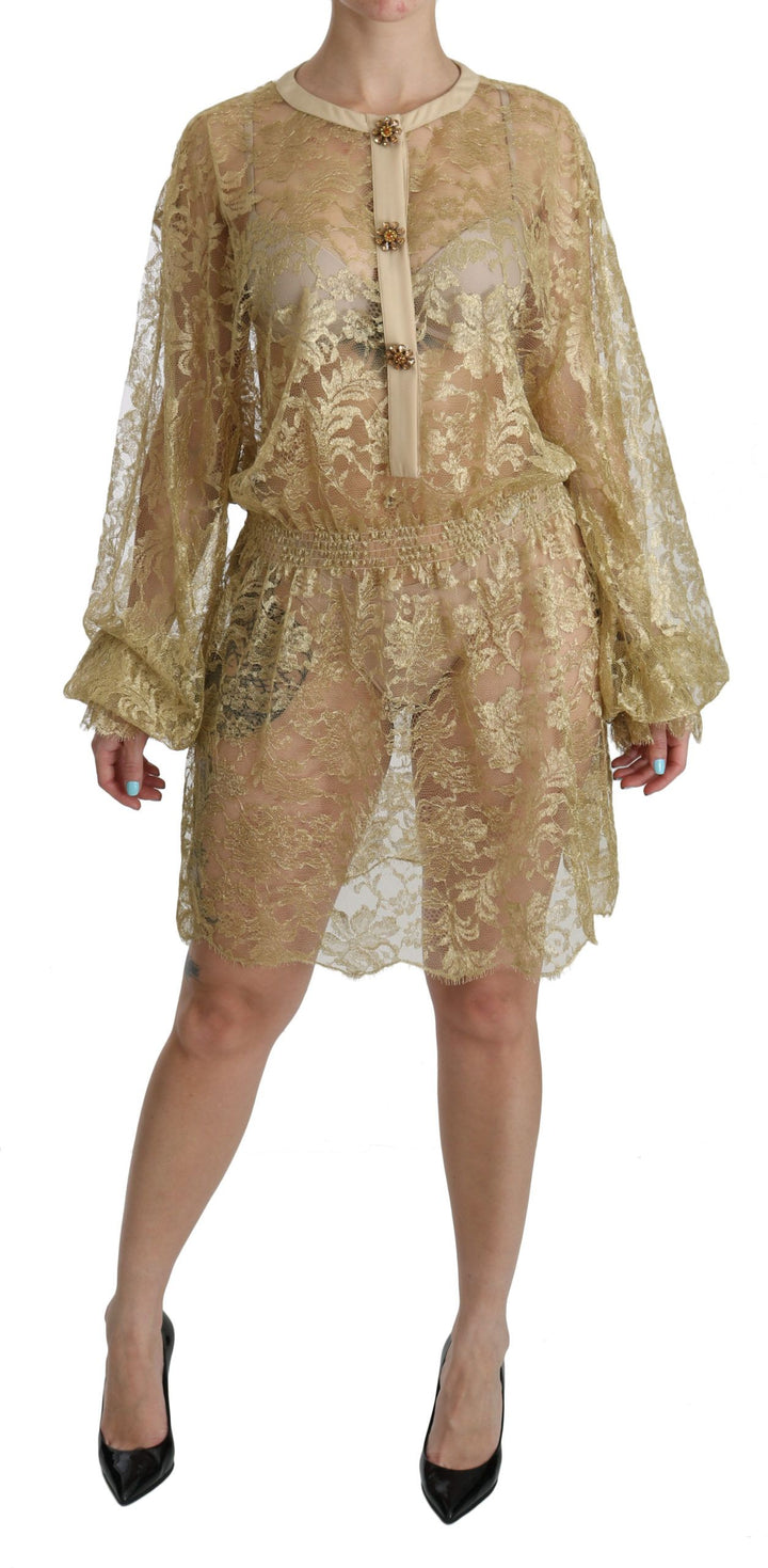 Dolce &amp; Gabbana Gold Lace See Through A-Line Knee Length Dress women’s dress