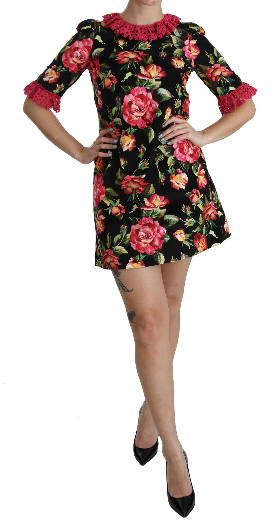 Dolce &amp; Gabbana Floral Pink Lace A-Line Shift Mini Dress women’s dress