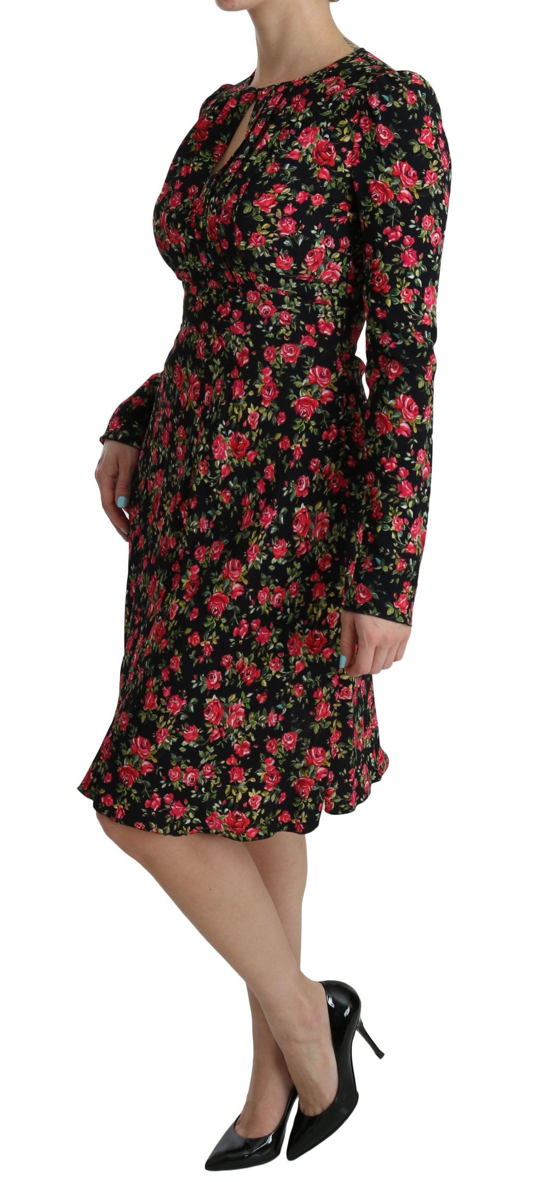Dolce &amp; Gabbana Black Floral Longsleeve Knee Length Dress women’s dress