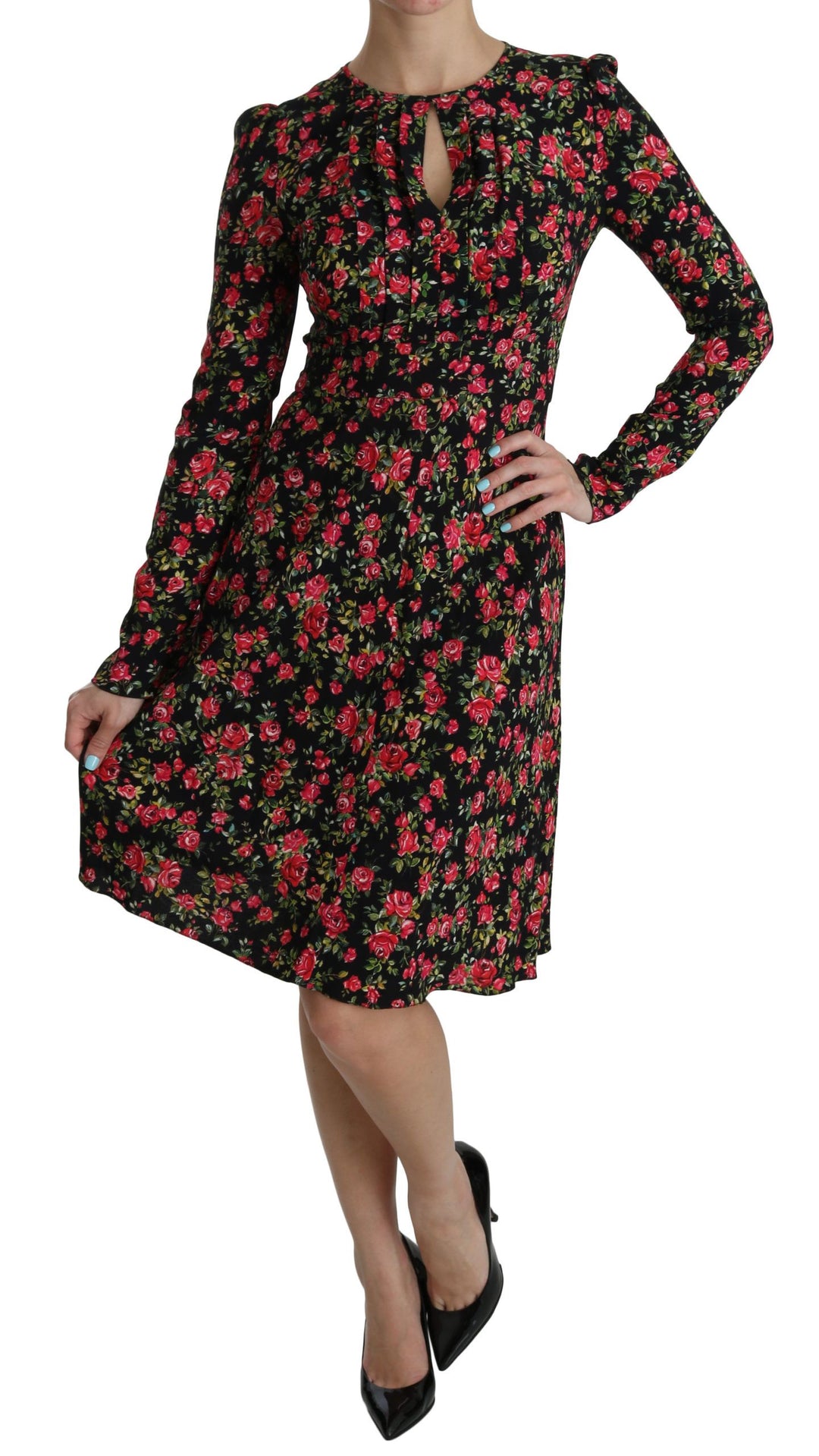 Dolce &amp; Gabbana Black Floral Longsleeve Knee Length Dress women’s dress