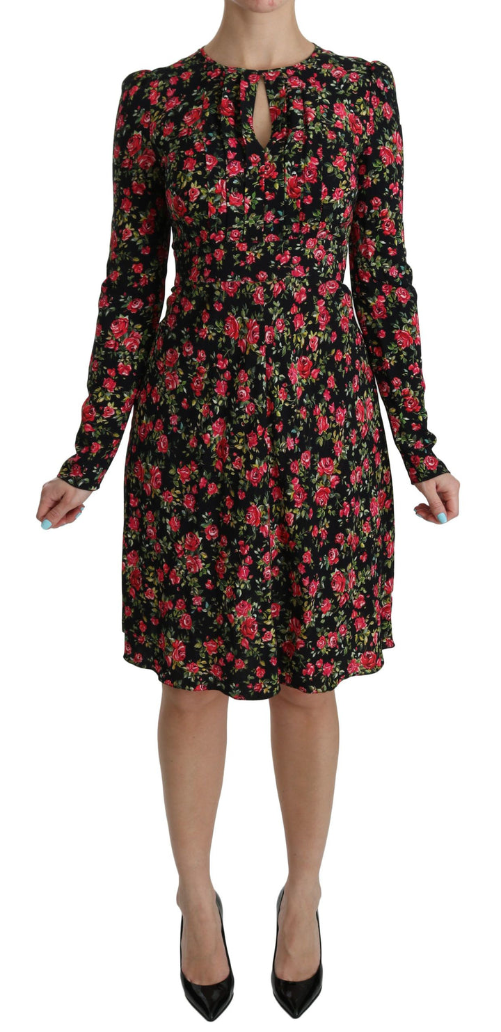 Dolce &amp; Gabbana Black Floral Longsleeve Knee Length Dress women’s dress