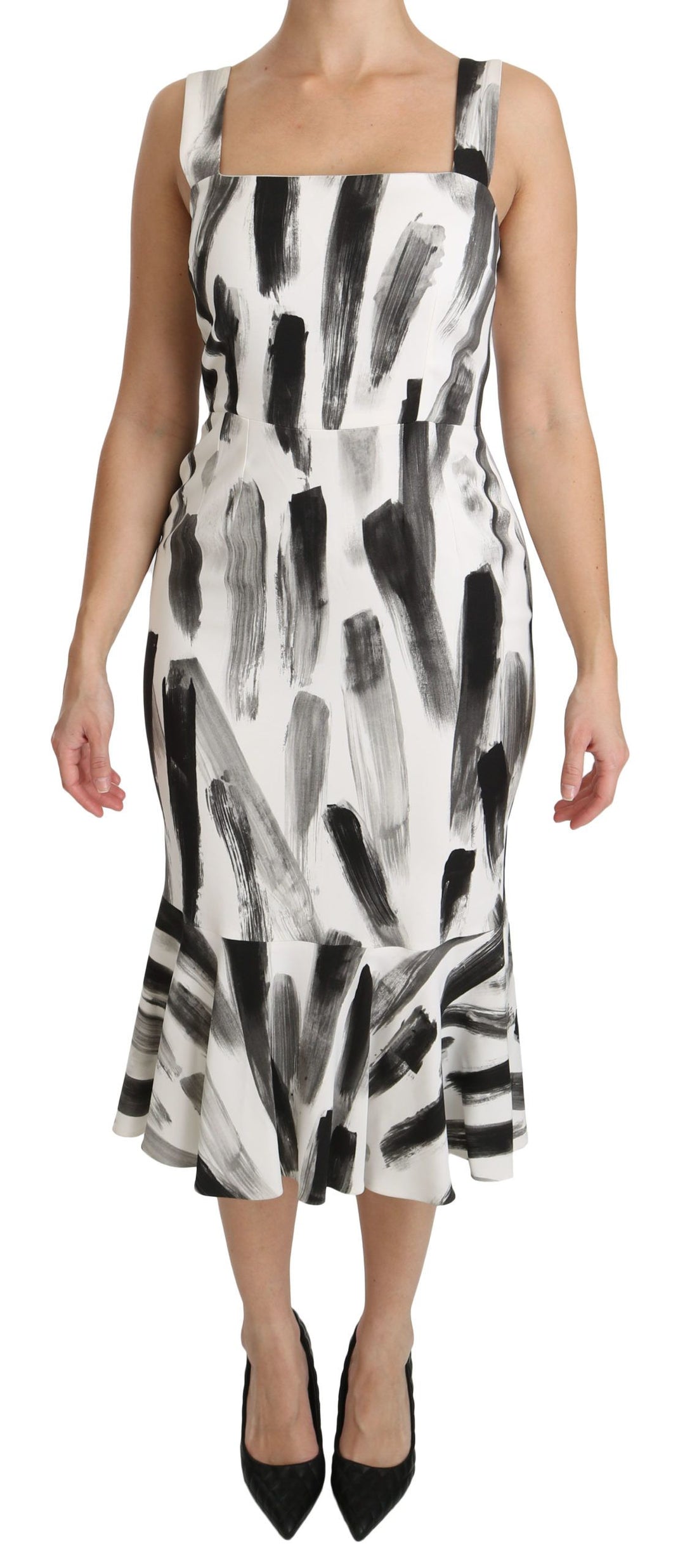 Dolce &amp; Gabbana White Black Printed Sheath Midi Viscose Dress women’s dress