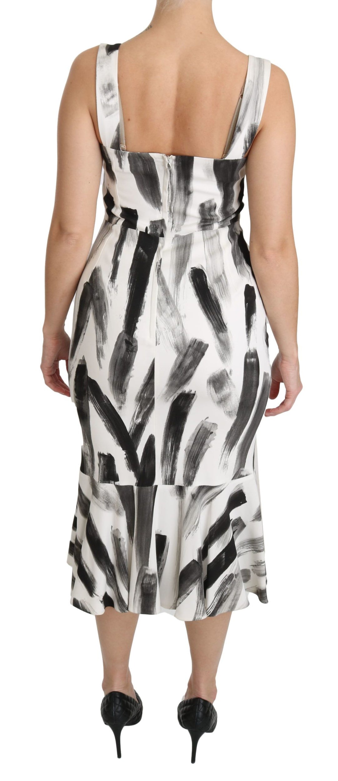 Dolce &amp; Gabbana White Black Printed Sheath Midi Viscose Dress women’s dress