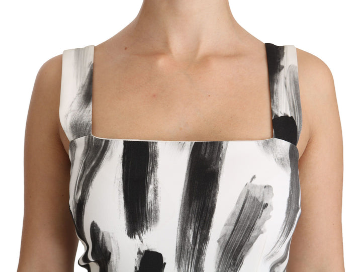 Dolce &amp; Gabbana White Black Printed Sheath Midi Viscose Dress women’s dress