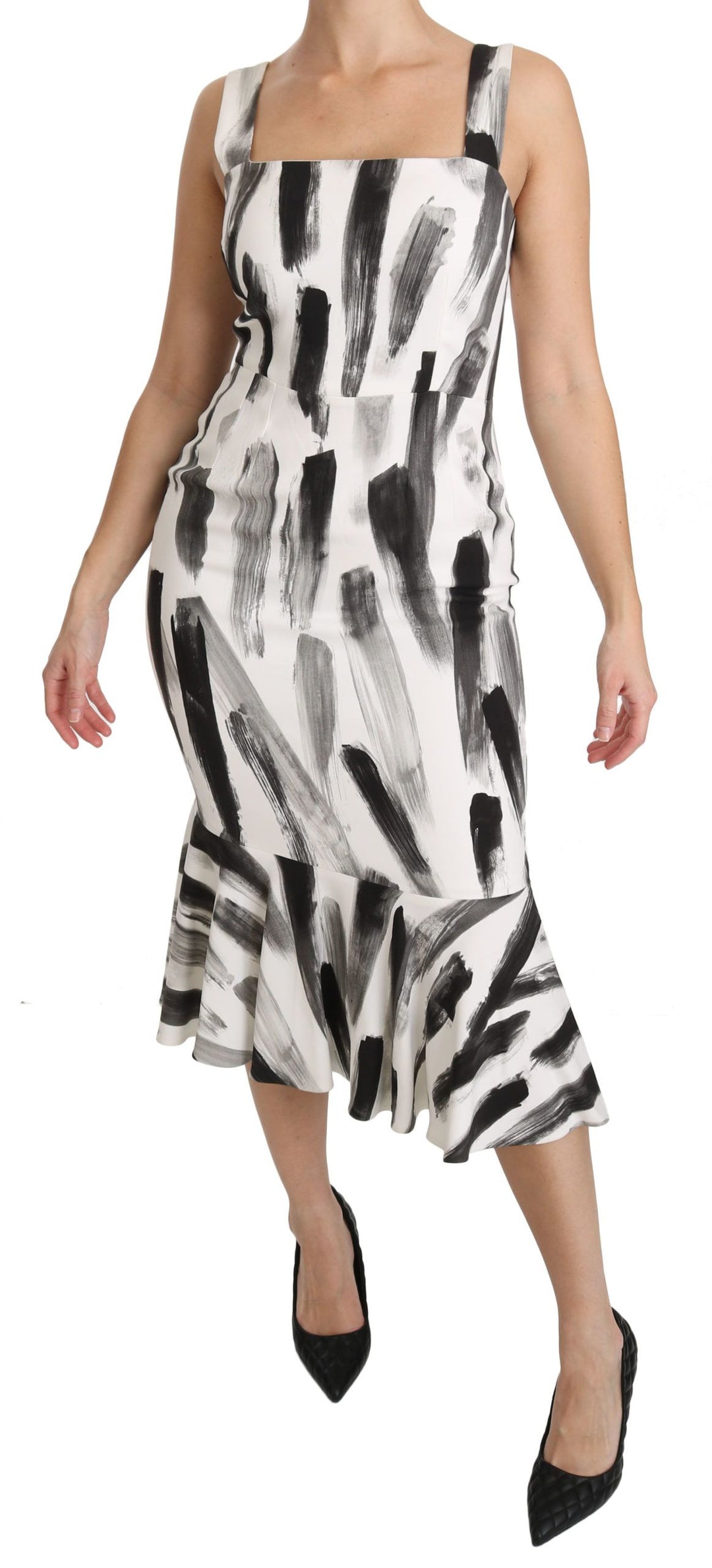 Dolce &amp; Gabbana White Black Printed Sheath Midi Viscose Dress women’s dress