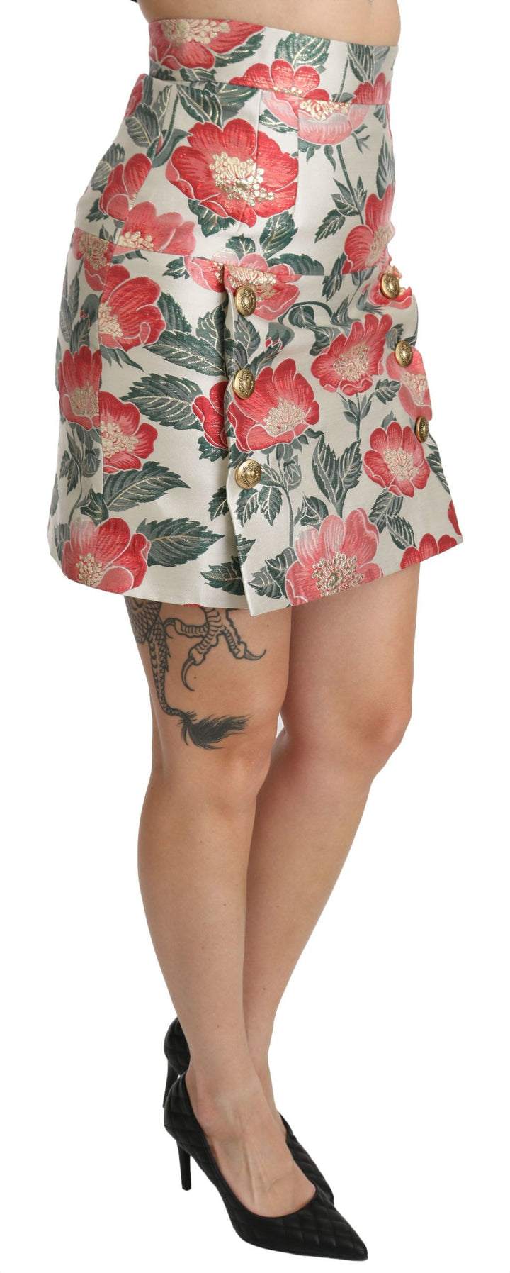 Dolce &amp; Gabbana White Green Red Floral High Waist Mini Skirt