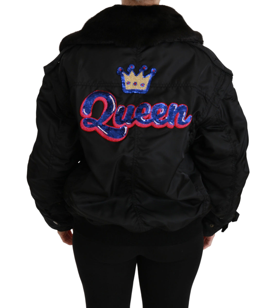 Dolce &amp; Gabbana Black Queen Crown Sequined Bomber Jacket