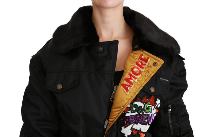 Dolce &amp; Gabbana Black Queen Crown Sequined Bomber Jacket