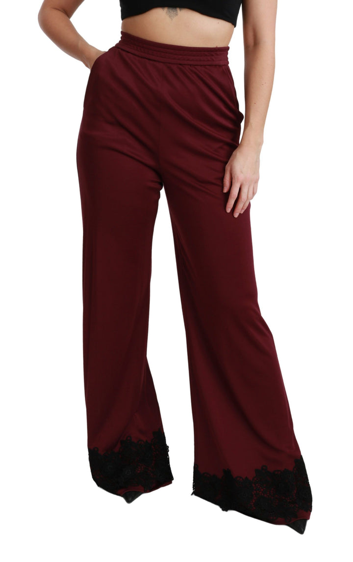 Dolce &amp; Gabbana Black Lace High Waist Wide Leg Maroon  Pants