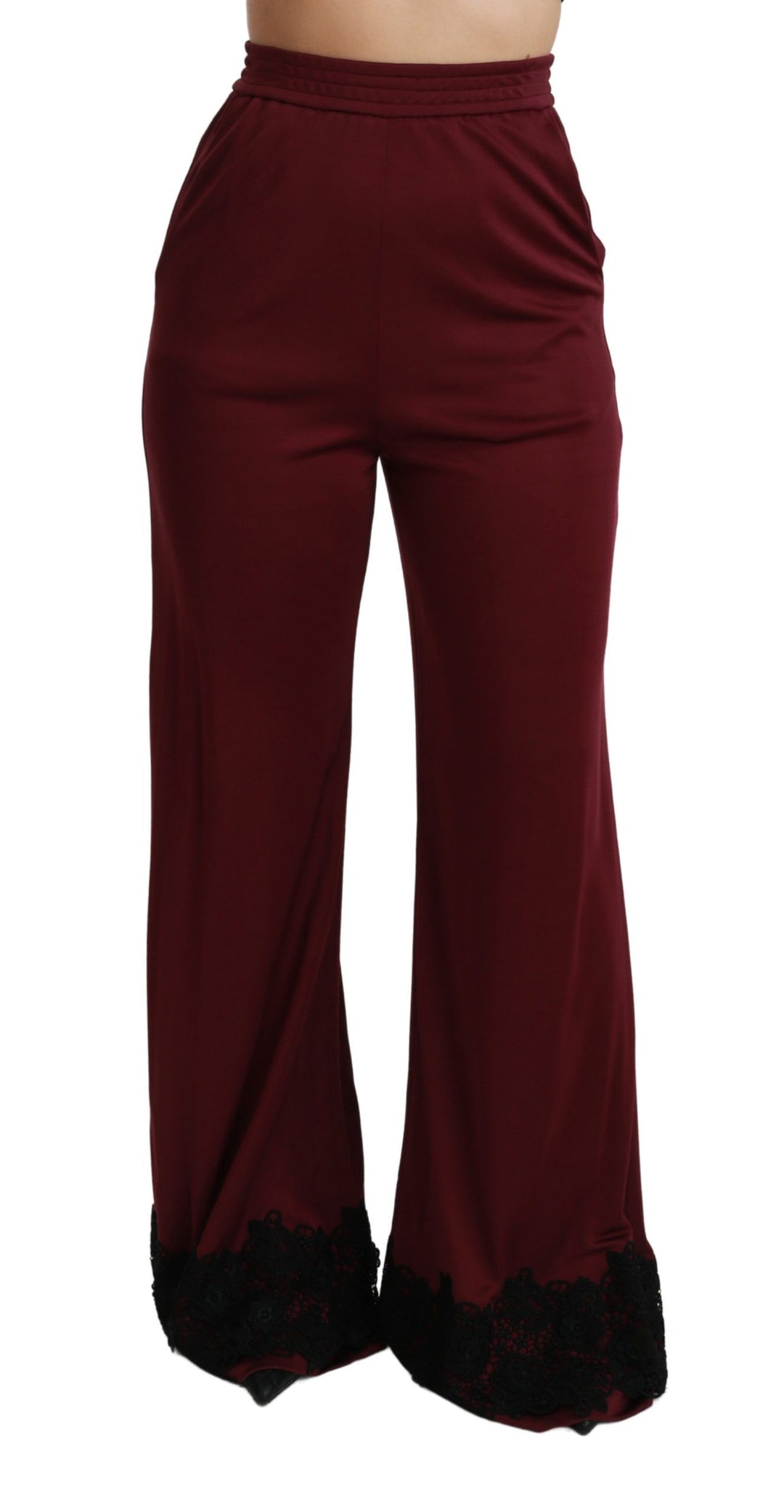 Dolce &amp; Gabbana Black Lace High Waist Wide Leg Maroon  Pants