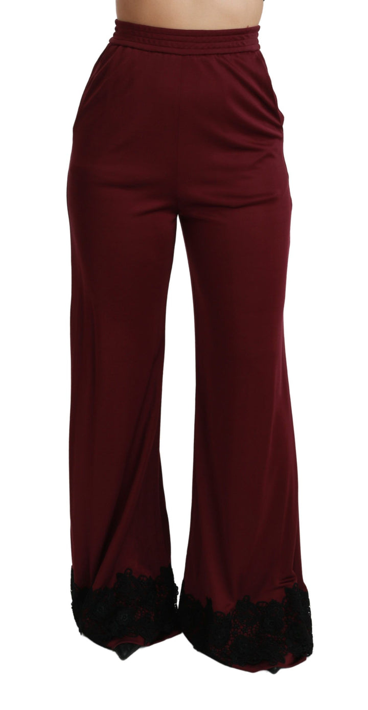 Dolce &amp; Gabbana Black Lace High Waist Wide Leg Maroon  Pants