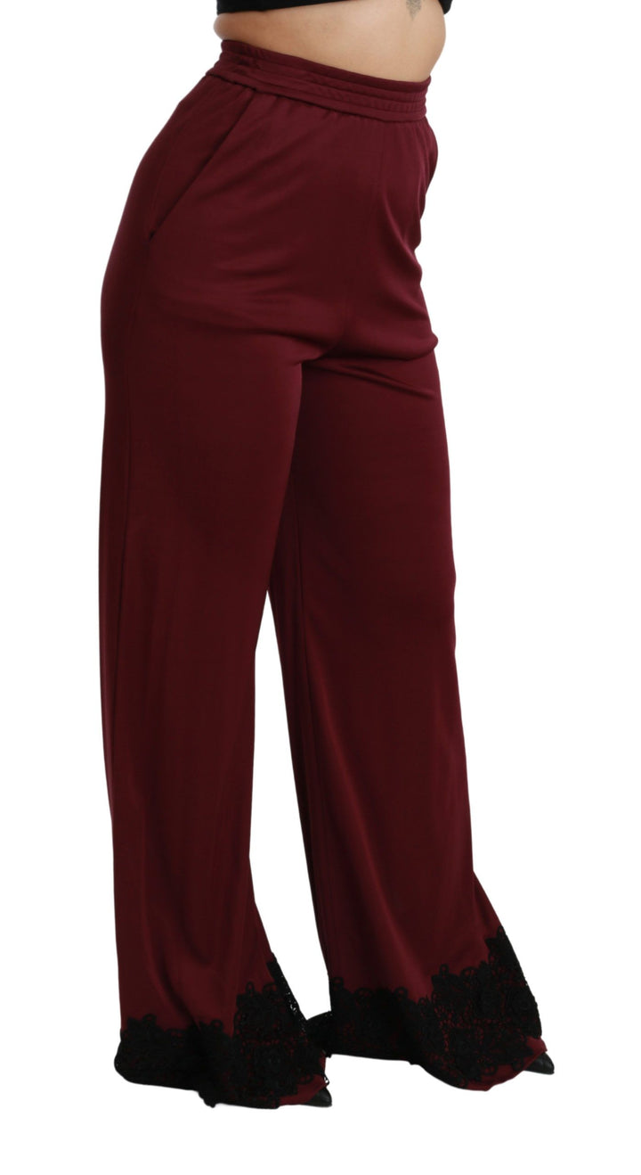 Dolce &amp; Gabbana Black Lace High Waist Wide Leg Maroon  Pants