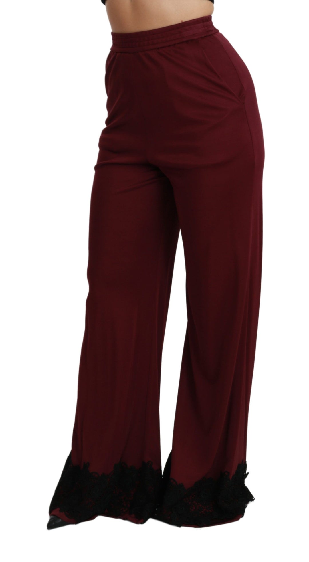 Dolce &amp; Gabbana Black Lace High Waist Wide Leg Maroon  Pants
