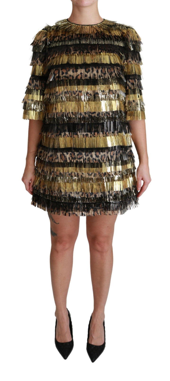 Dolce &amp; Gabbana Polyester Black Gold Leopard Shift Mini Dress women’s dress