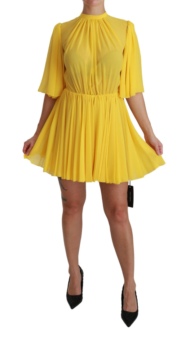 Dolce & Gabbana Yellow Pleated A-line Mini 100% Silk Dress women’s dress
