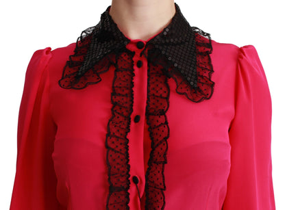 Dolce & Gabbana Pink Silk Black Sequin Lace Shirt Blouse