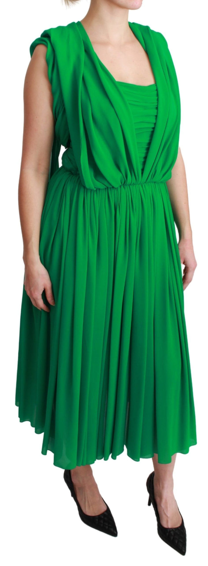 Dolce &amp; Gabbana 100% Silk Green Sleeveless Pleated Maxi Dress women’s dress
