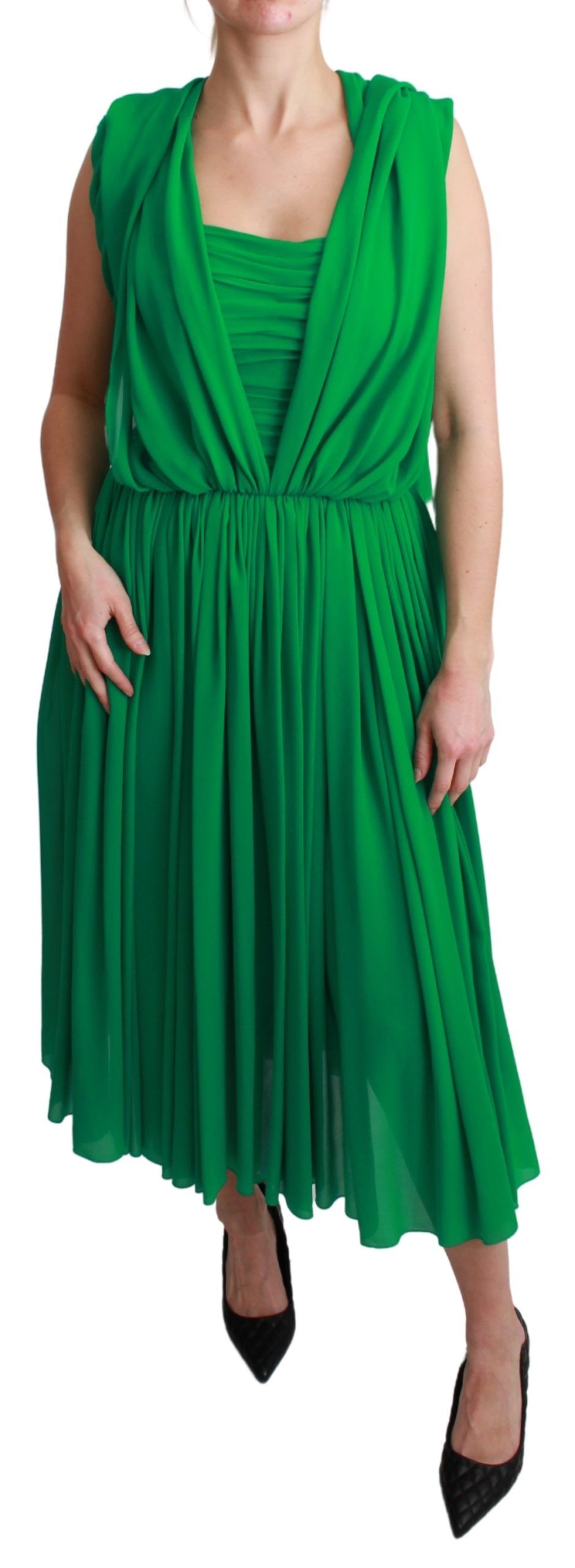 Dolce &amp; Gabbana 100% Silk Green Sleeveless Pleated Maxi Dress women’s dress